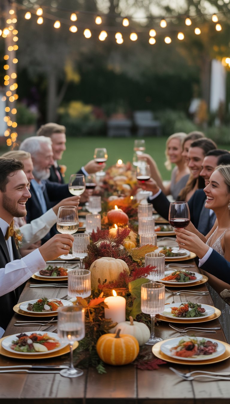 Guests enjoying a beautifully decorated outdoor wedding dinner with multiple courses and wine pairings at a long table surrounded by seasonal decorations.